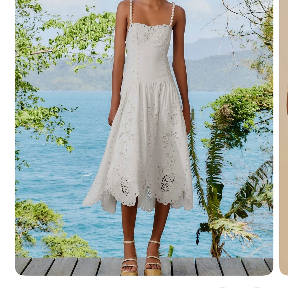 FARM Rio Cream Scalloped Midi Dress
